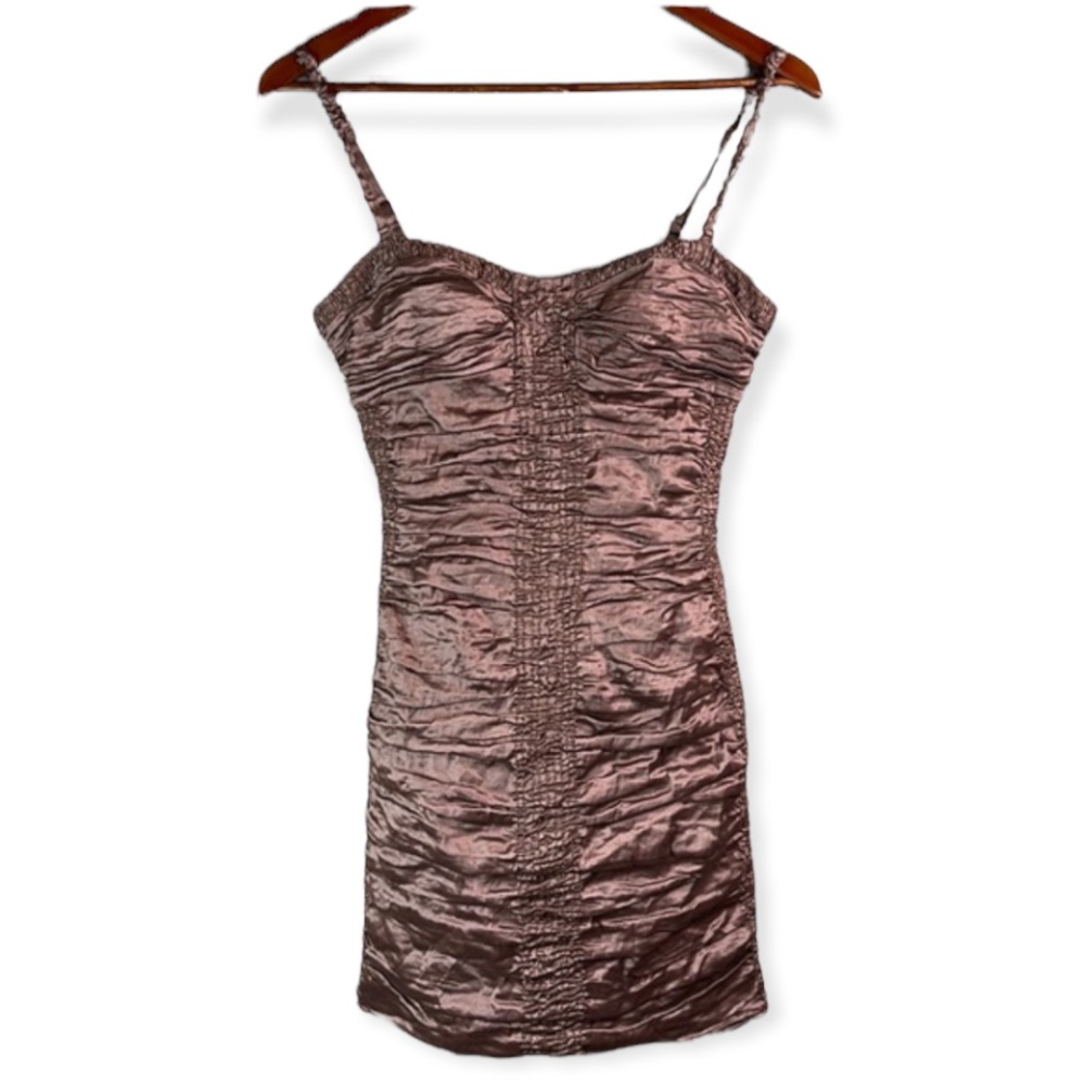 BCBGMaxAzria Shimmery Rose-Brown Ruched Spaghetti-Strap Mini Dress